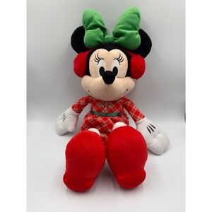 Disney‎ Minnie Mouse Holiday Plush Red Plaid Dress Green Bow Earmuffs Just Play